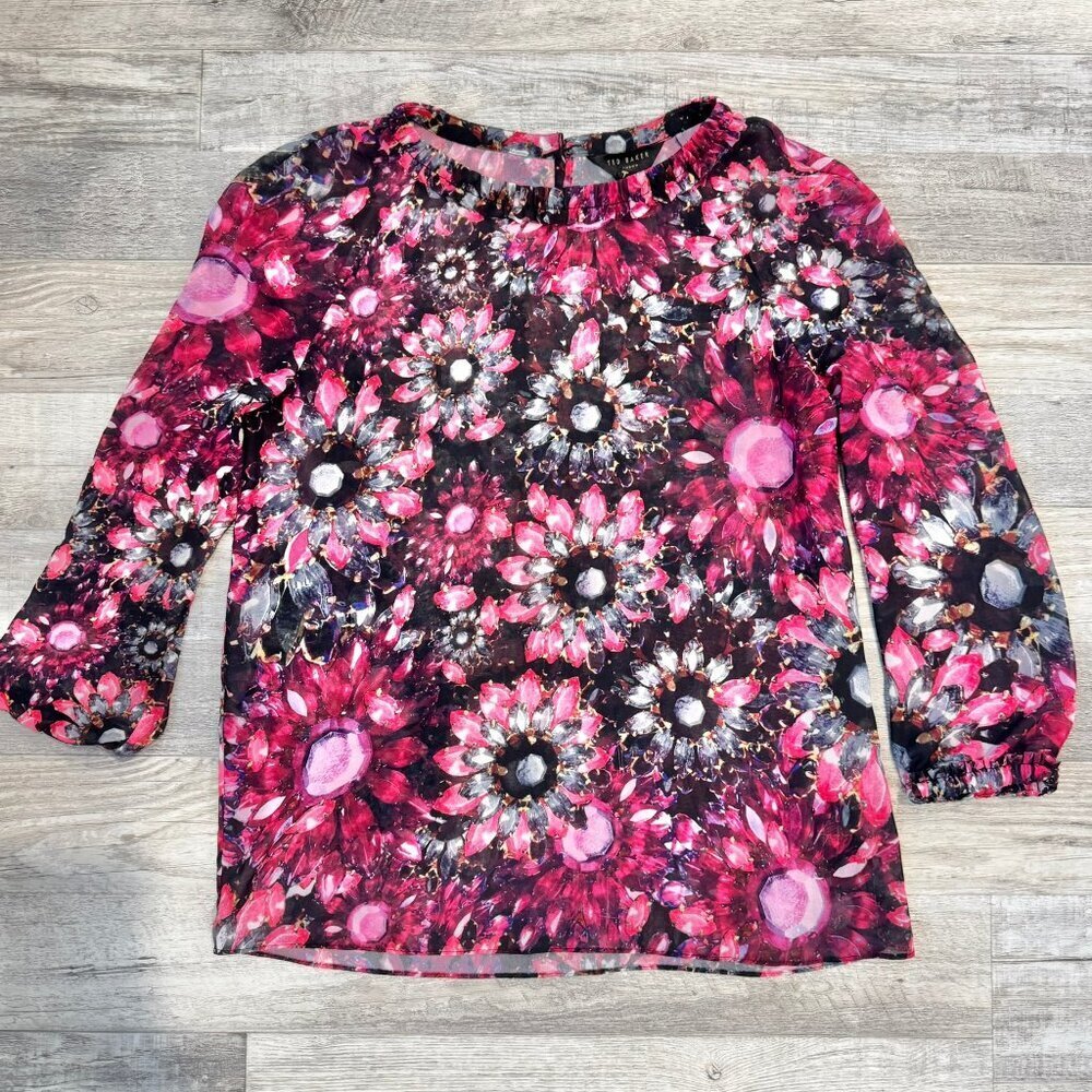 Ted Baker floral semi-sheer 3/4 sleeve blouse size 2 B31